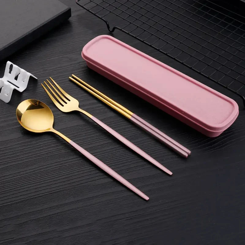 Cubiertos finos de acero inoxidable, incluyendo palillos, tenedores y cucharas. MDUG (Oro rosa)