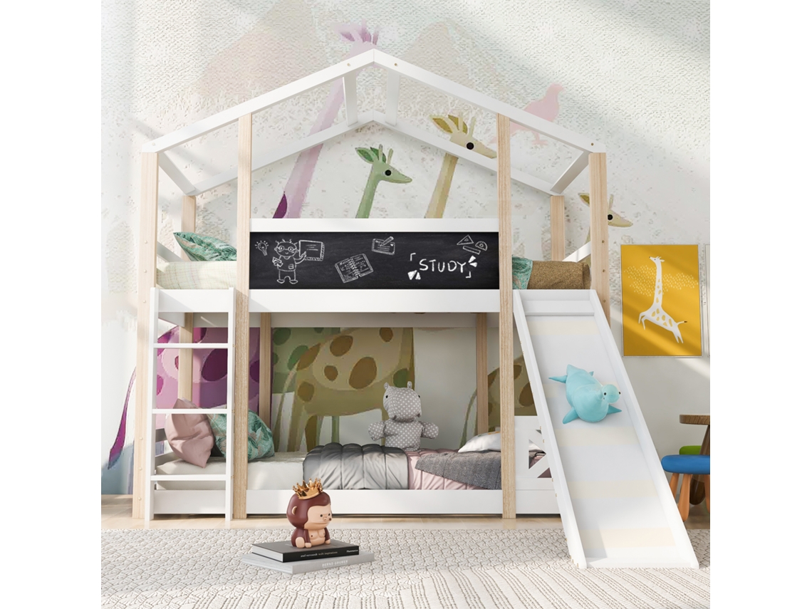 Cama Infantil Casa En El Árbol Con Tobogán Y Escalera 90 X 200 Cm, Cama Alta Infantil – 2 Estructuras Con Listones – Natural Y Blanca