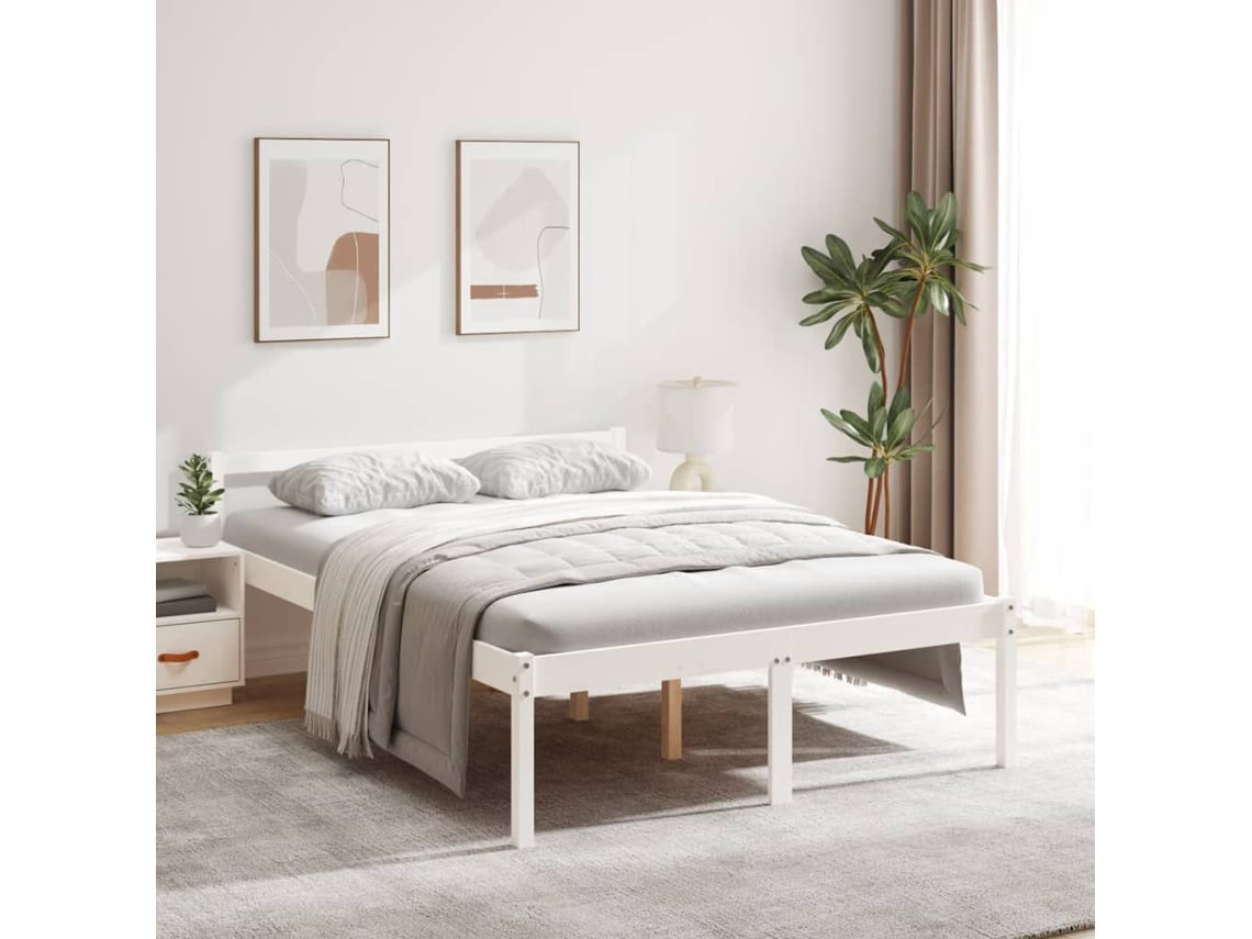Cama Senior Sin Colchón Madera Maciza De Pino Blanco 140x190 Cm