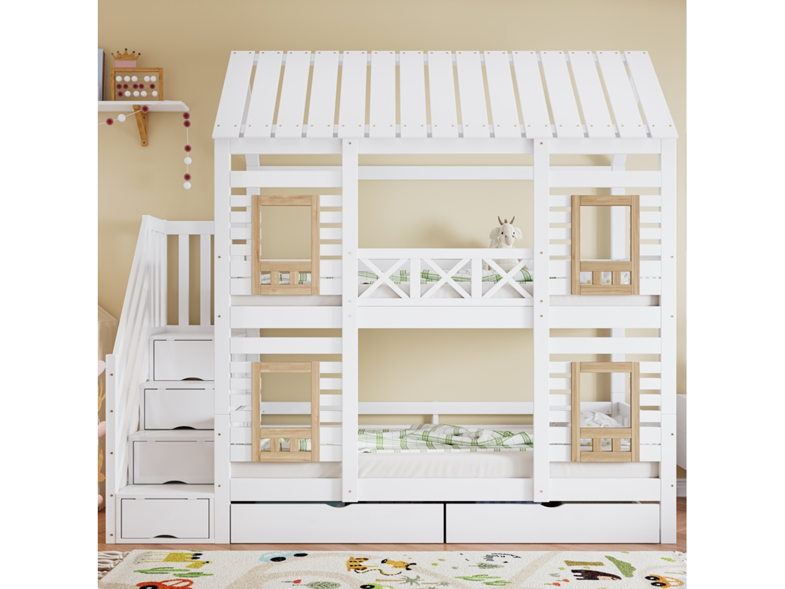 Litera infantil de 90 x 200 cm con ventana y 4 compartimentos de almacenaje en color blanco natural