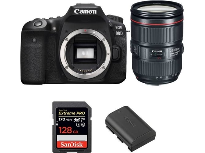 Kit Cámara Réflex CANON EOS 90D + EF 24-105mm f/4L IS II USM + SanDisk 128GB + LP-E6N
