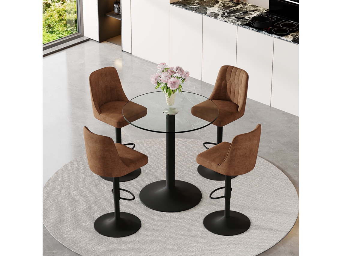 Set De Barra 89 Cm - 4 Taburetes Giratorios Con Tela Tecnológica Marrón, Estructura Metálica Negra, Mesa De Cristal - Marrón+negro, Transparente
