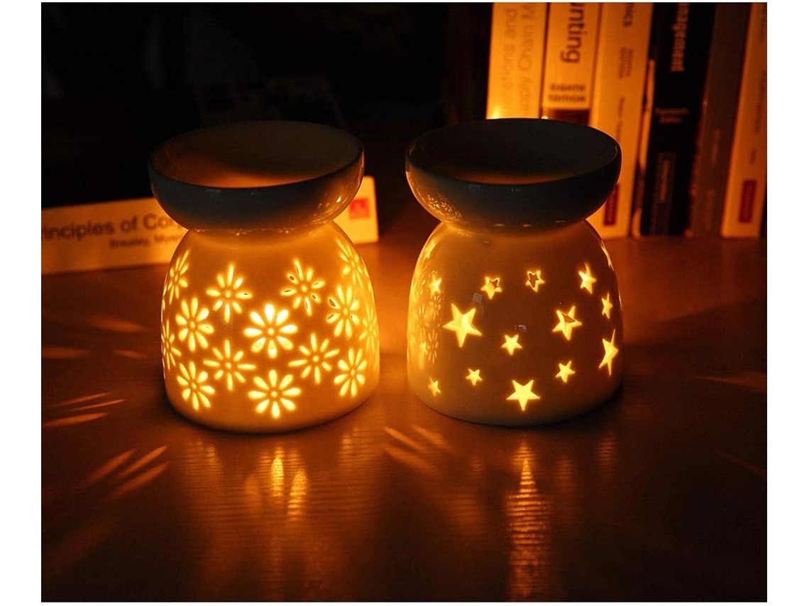 Portavelas De Cerámica Ideal Como Regalo, Difusor De Aroma Decorativo Para Yoga, Spa, Meditación Y Hogar Con Estampado Floral Blanco, 2 Unidades
