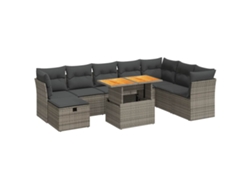 Conjunto de 9 sofás de jardín con cojines, mimbre/madera de acacia, gris, EXCLUSIVO DE LA CASA