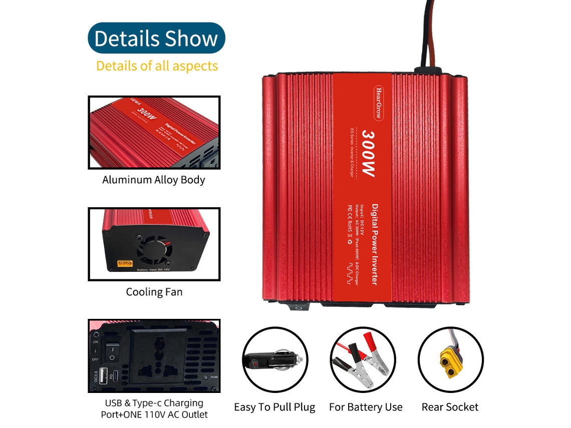 Inversor de corriente para coche de 300 W, de 12 V a 220 V, con USB y USB-C.