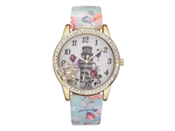 Reloj De Mujer Vansvar Con Diseño Floral, Pedrería, Correa De Piel Sintética Y Movimiento De Cuarzo Verde.