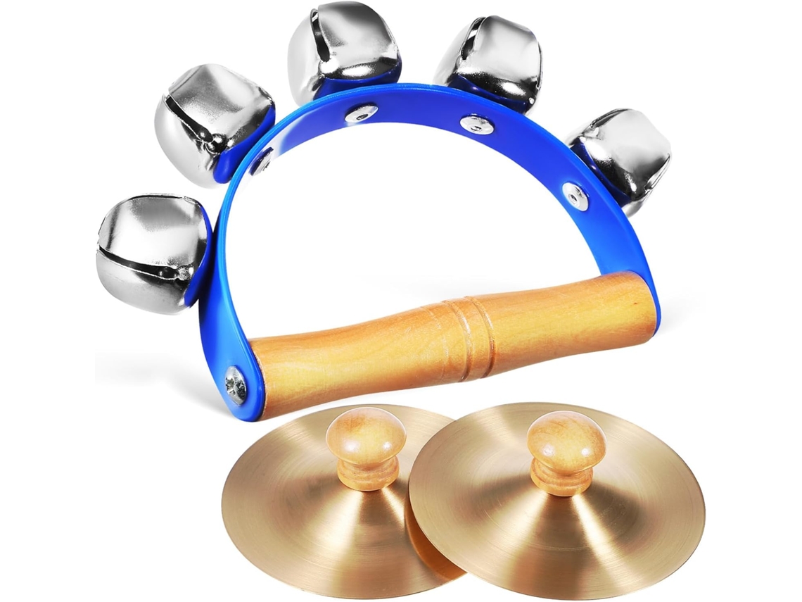 Campana con platillos de mano, instrumento de percusión educativo para niños y niñas.