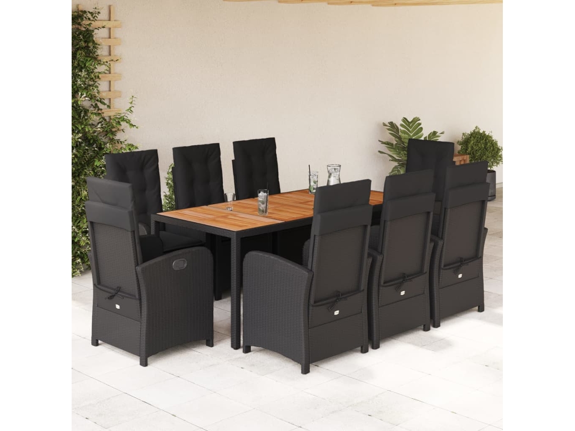 Juego de comedor de jardín de 9 piezas con cojines, mimbre sintético negro, DKD Home Decor