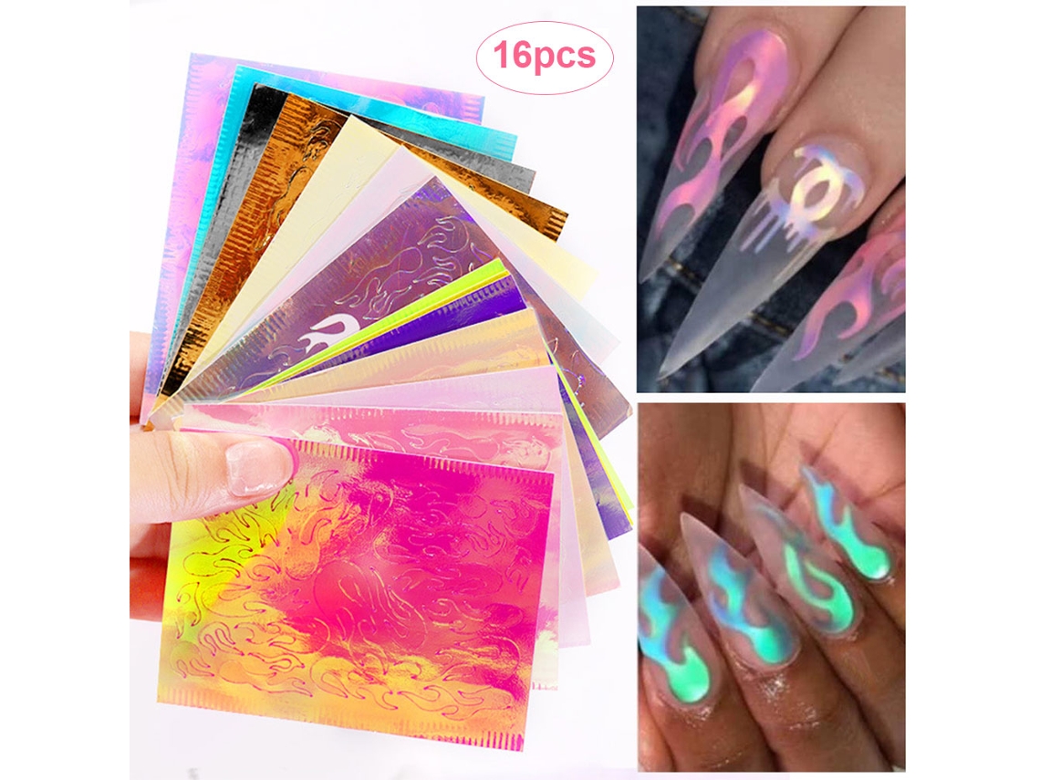16 Pegatinas Holográficas De Fuego Para Uñas, Plantillas Para Manicura Y Decoración De Uñas Con Efecto De Llamas.