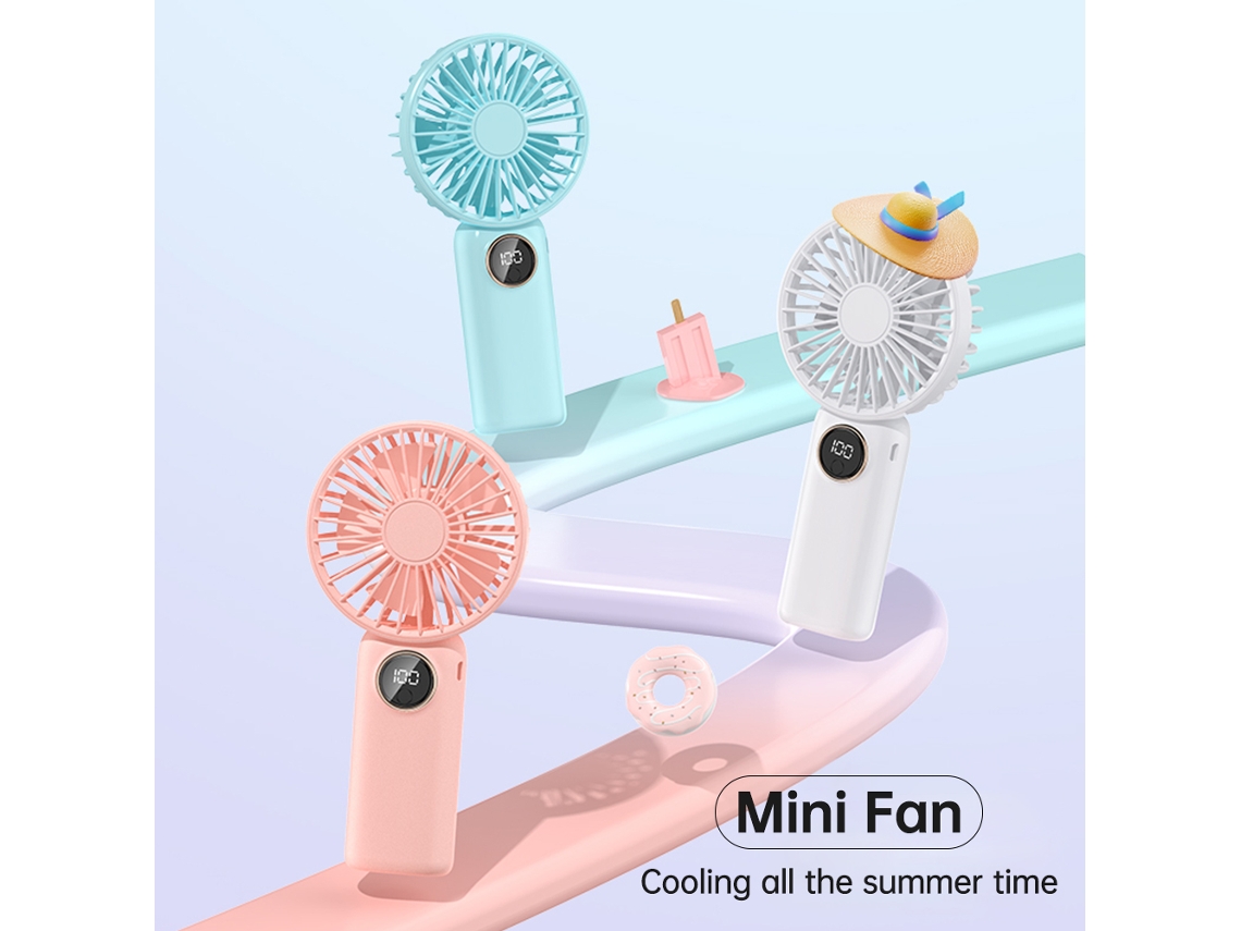 Mini ventilador portátil con 5 velocidades, USB, funciona con pilas y tiene funcionamiento silencioso.