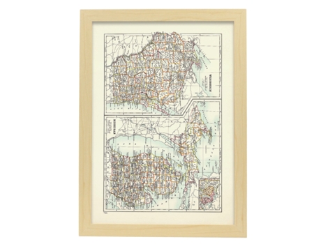 NACNIC Pósters Geográficos En Vintage Mapa De Wisconsin Y Michigan Ilustraciones De Antiguos Mapamundis En Tonos Sepia Tamaño A4 Con Marco Blanco