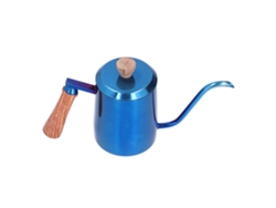 Cafetera manual de acero inoxidable de 600 ml, pico fino, mango de madera, color azul