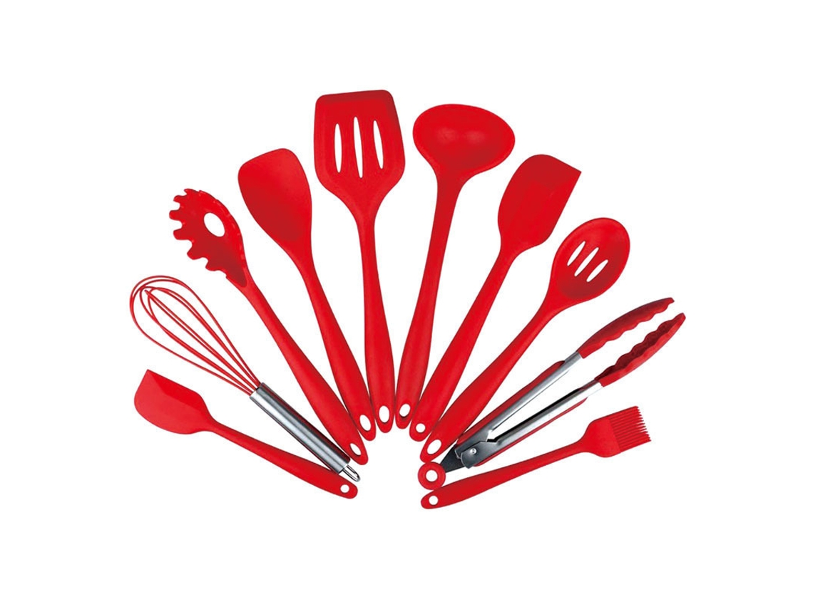 Conjunto de Utensílios de Cozinha 10 Peças com Cabo de Madeira Silicone Resistente Ao Calor Conjunto de Panelas-Vermelho GERTIZ