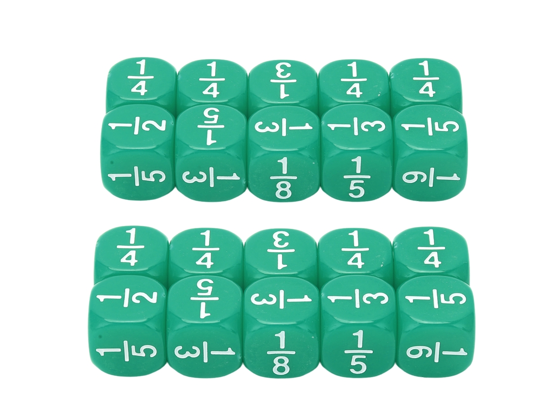 2026 Juego de 20 dados de fracciones de plástico de 6 caras para practicar matemáticas para niños (color verde)