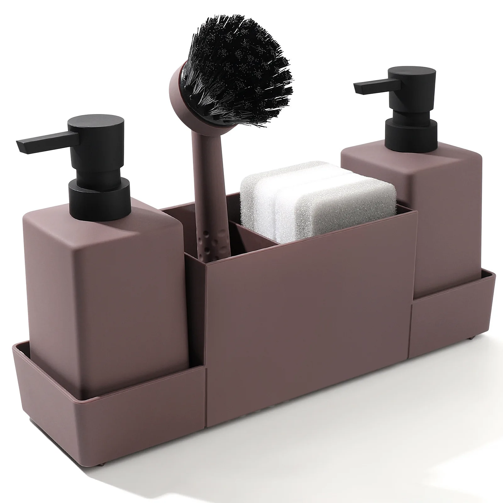 (marrón Rojizo) Juego De Dispensador De Jabón De Cocina Con Soporte Para Esponja, Adecuado Para Estantes De Fregadero.