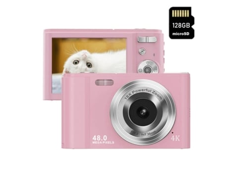 Cámara fotos digital compacta LKC DC302AF Nivel de entrada Regalo de cámara para niños 4K 48MP ZOOM 16X Pantalla de 2,8 pulgadas + 128GB - Rosa