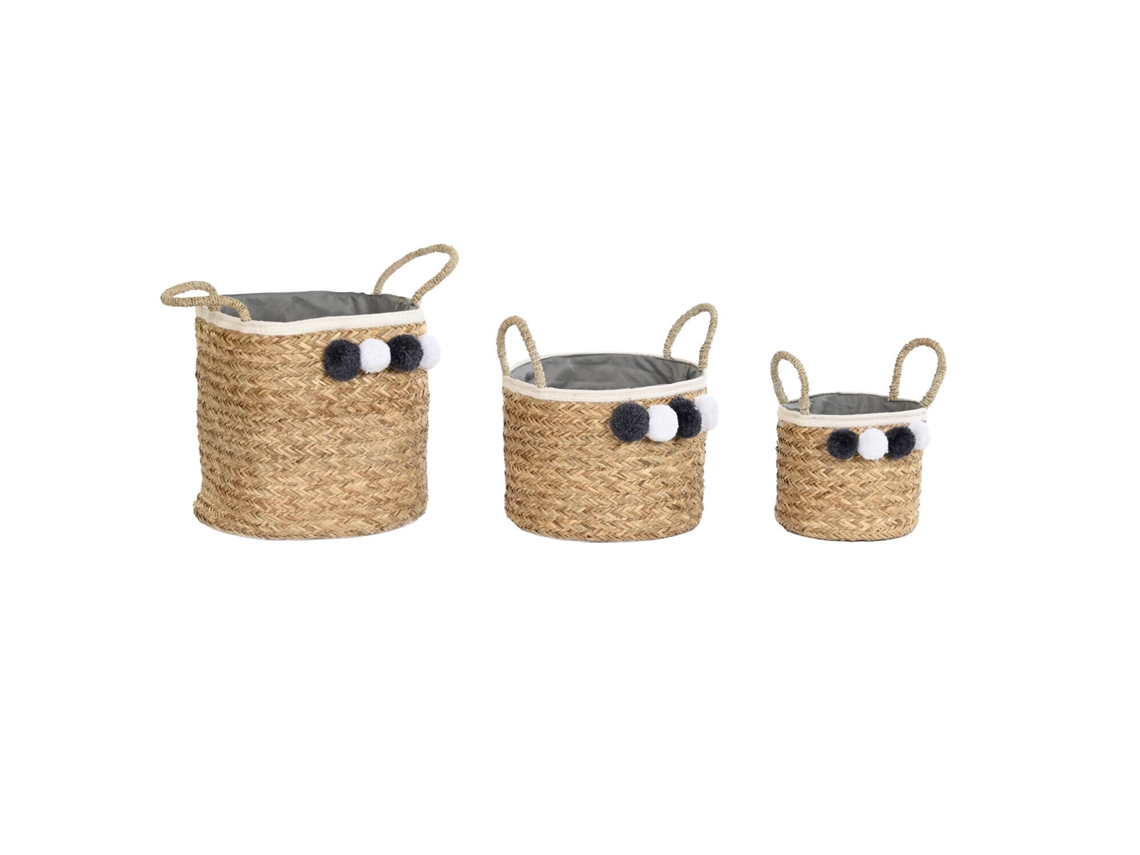 Set 3 Cesta Fibra Algodon Pompon Natural 41x37x36cm