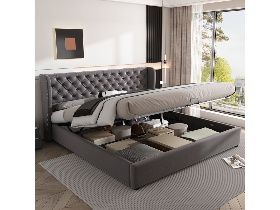 Cama De Terciopelo Gris De 180x200 Con Compartimento De Almacenamiento Con Elevador Hidráulico.