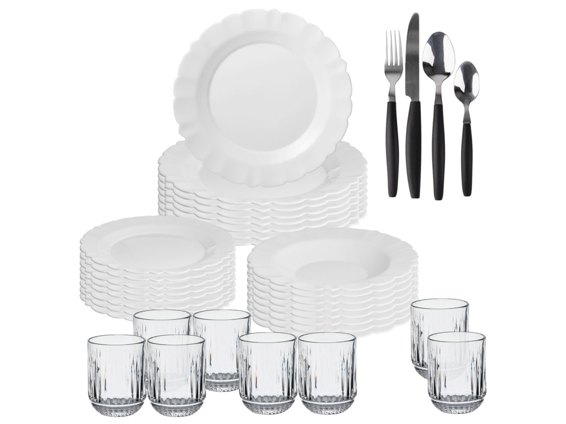 Vajilla Blanca, 24 Piezas, 8 Vasos (300ml), Cubertería San Ignacio (32 Piezas)