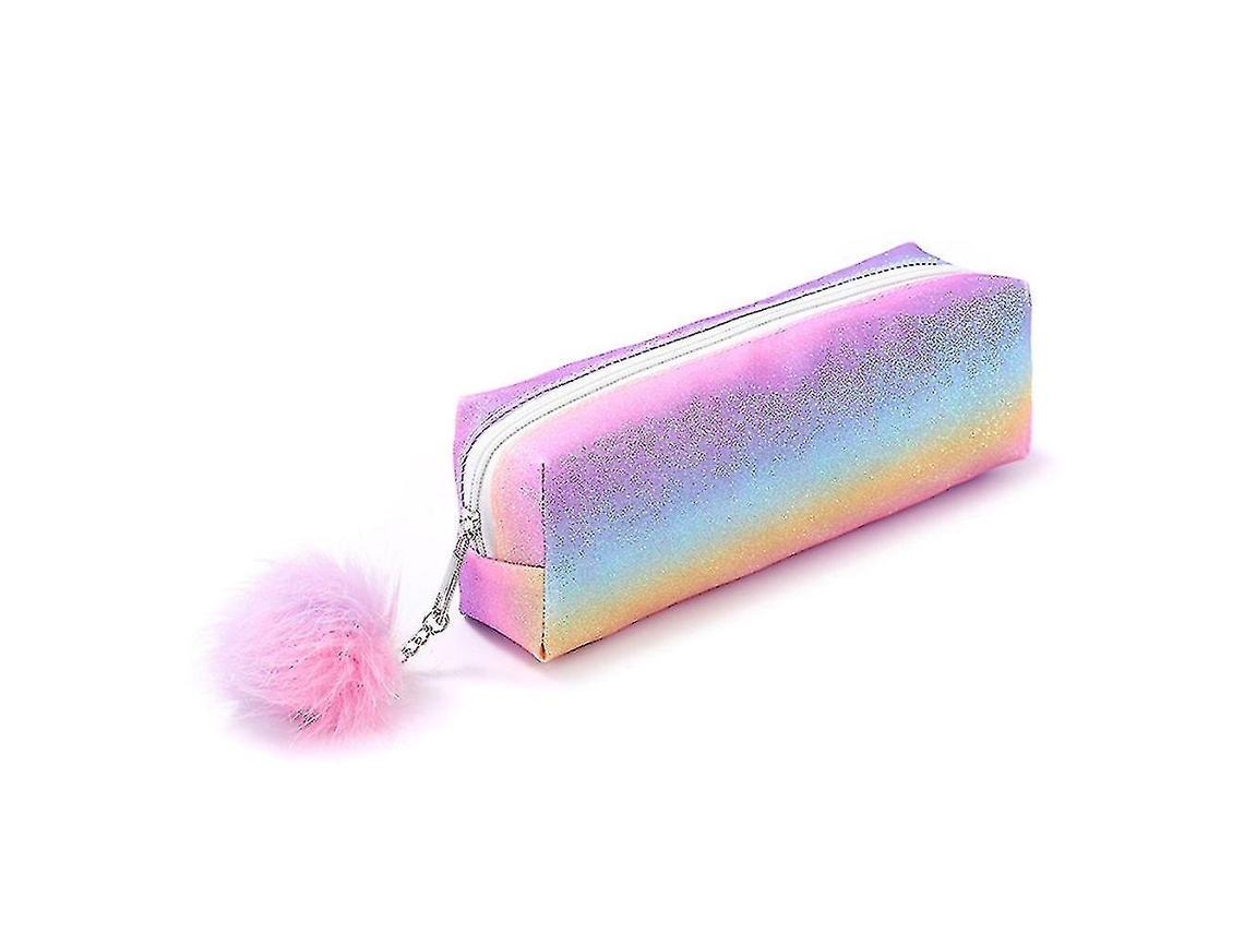 Estuche escolar con pompón esponjoso y chennnls magenta