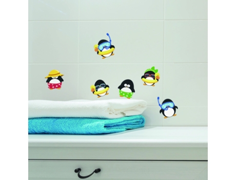 Pegatina Decorativa PLAGE Ilustración Divertida de Pingüino en Traje de Baño y Flotador X2 30 cm X 21 cm