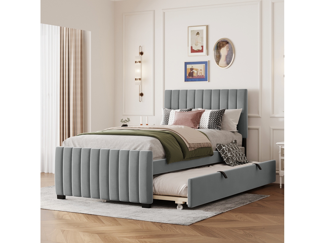 Cama Tapizada De 90x190 Cm, Color Gris, Con Cama Nido.