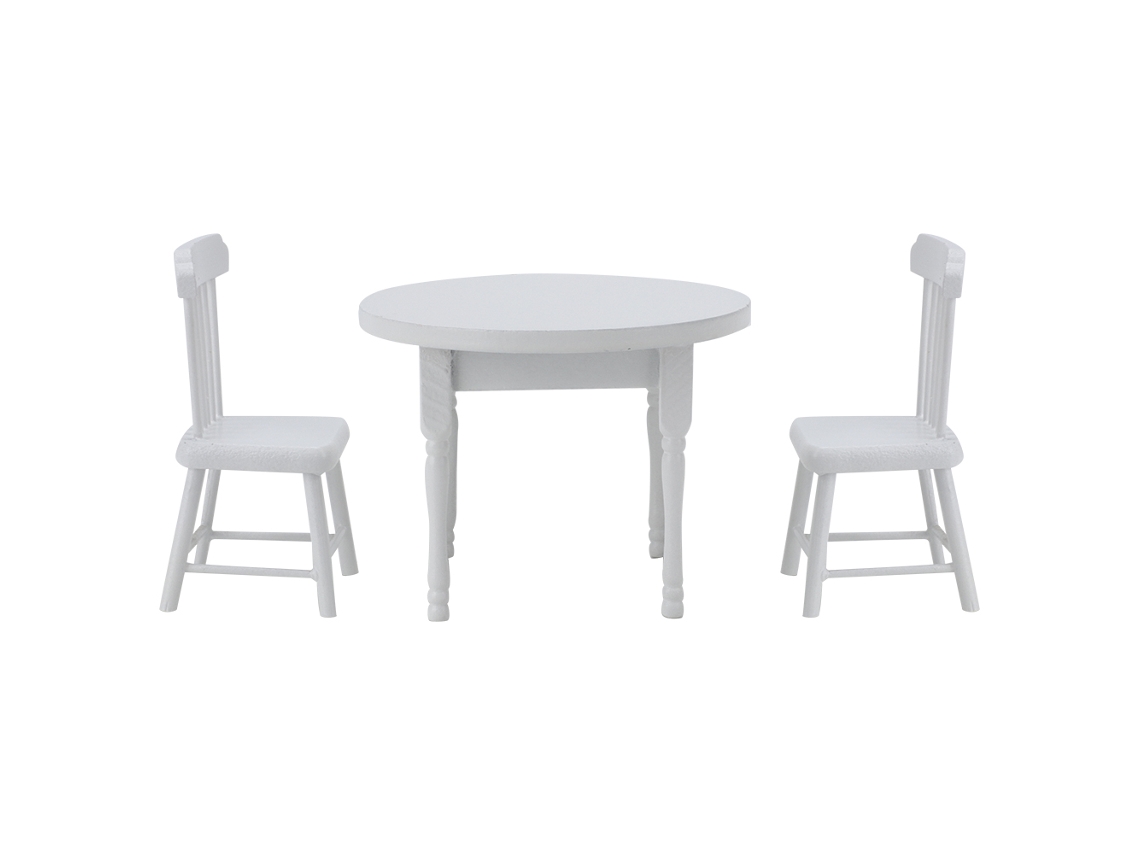 Mali conjunto Mesa e 2 Cadeiras Miniatura de Madeira Branca Acessório Casa de Bonecas 1:12