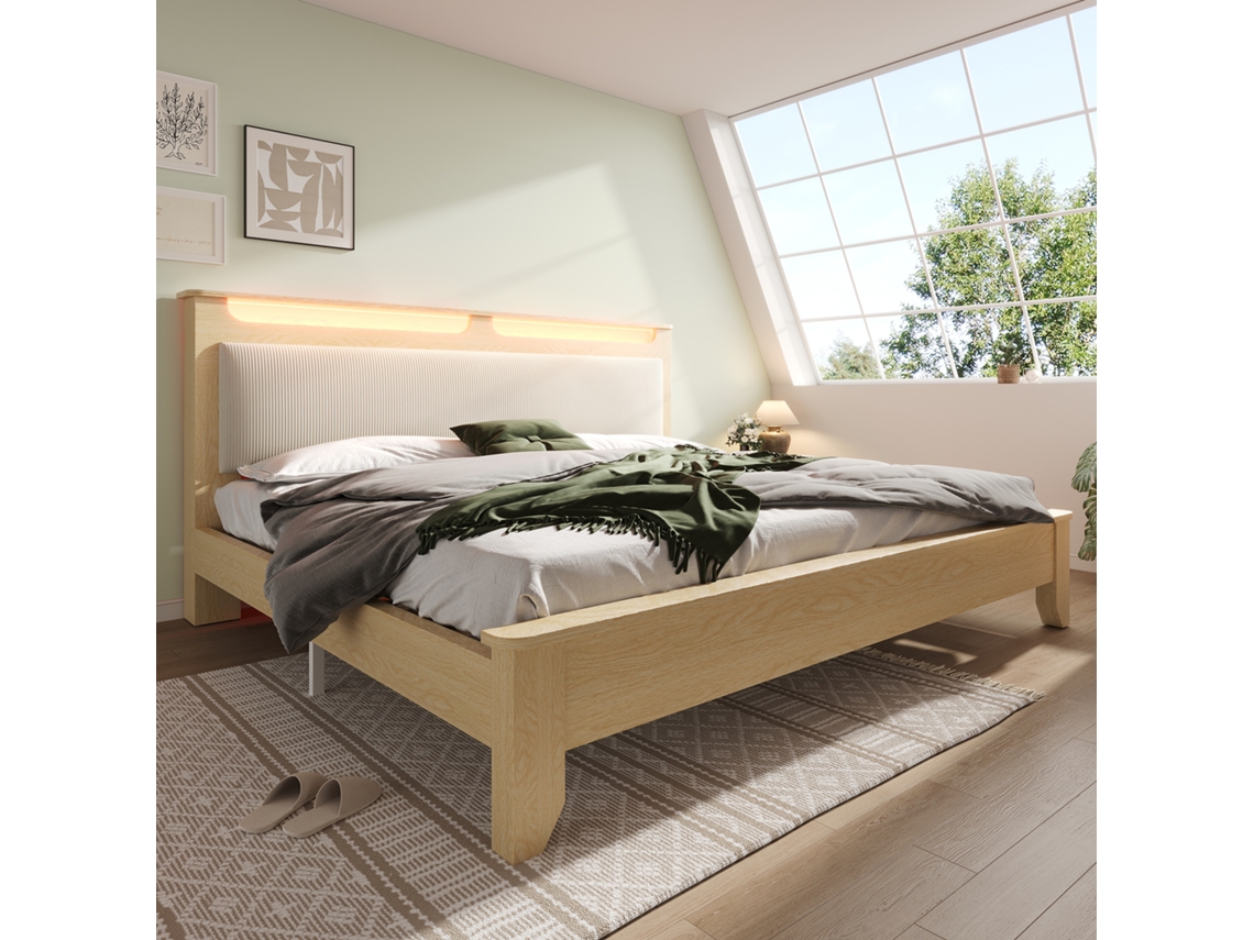 Cama De Madera Beige De 140x200 Con Cabecero Iluminado Con Led.
