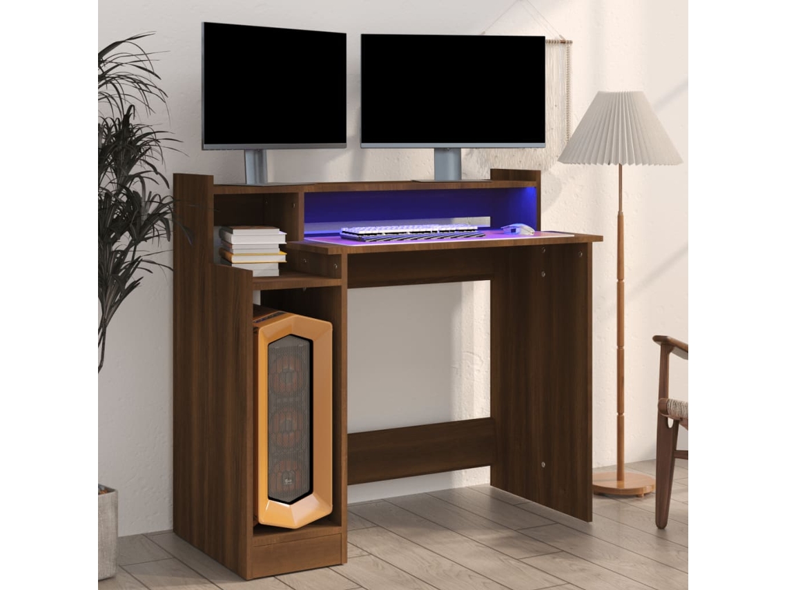 Escritorio | Mesa | Escritorio con luces LED 97x45x90cm Madera tratada Marrón