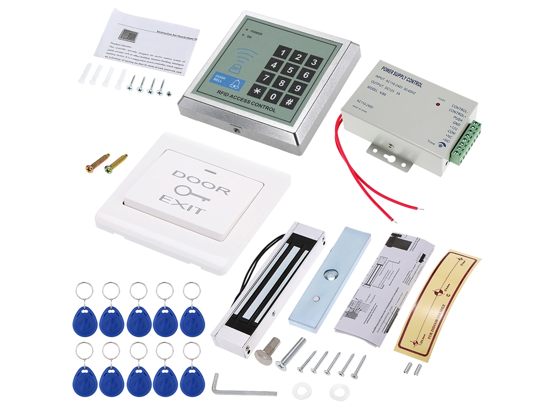 Kit de control de acceso con cerradura magnética (capacidad de 180 kg) y 10 tarjetas.