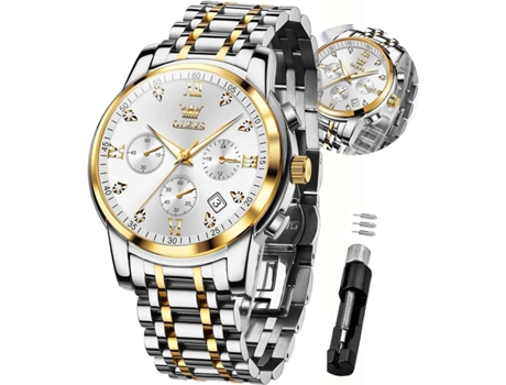 VEANXIN Reloj de cuarzo resistente al agua con cronógrafo de acero inoxidable y fase lunar para hombre(Oro Blanco)