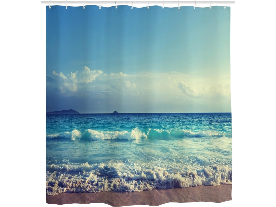 Cortina de ducha larga con diseño de mar, cielo azul y olas del océano, impermeable y antimoho.
