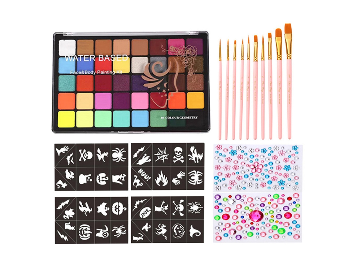 Kit profesional de pintura facial con pinceles y plantillas para fiestas de Halloween infantiles.