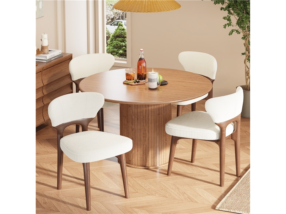 Juego De 4 Sillas De Comedor De Madera Maciza Con Tapicería De Chenilla Color Beige Claro.