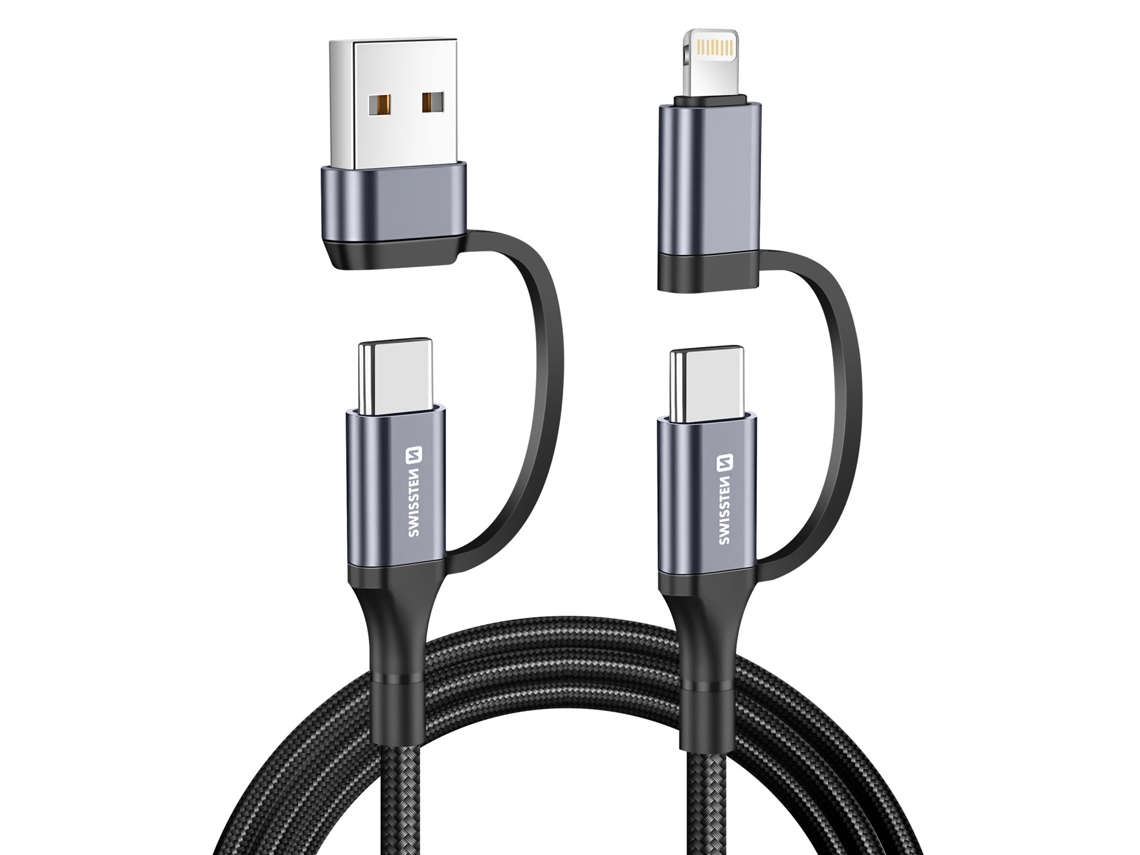 Cable USB-C a USB-A y Lightning intercambiable 4 en 1, 60 W, 1,5 m, negro, SWISSTEN