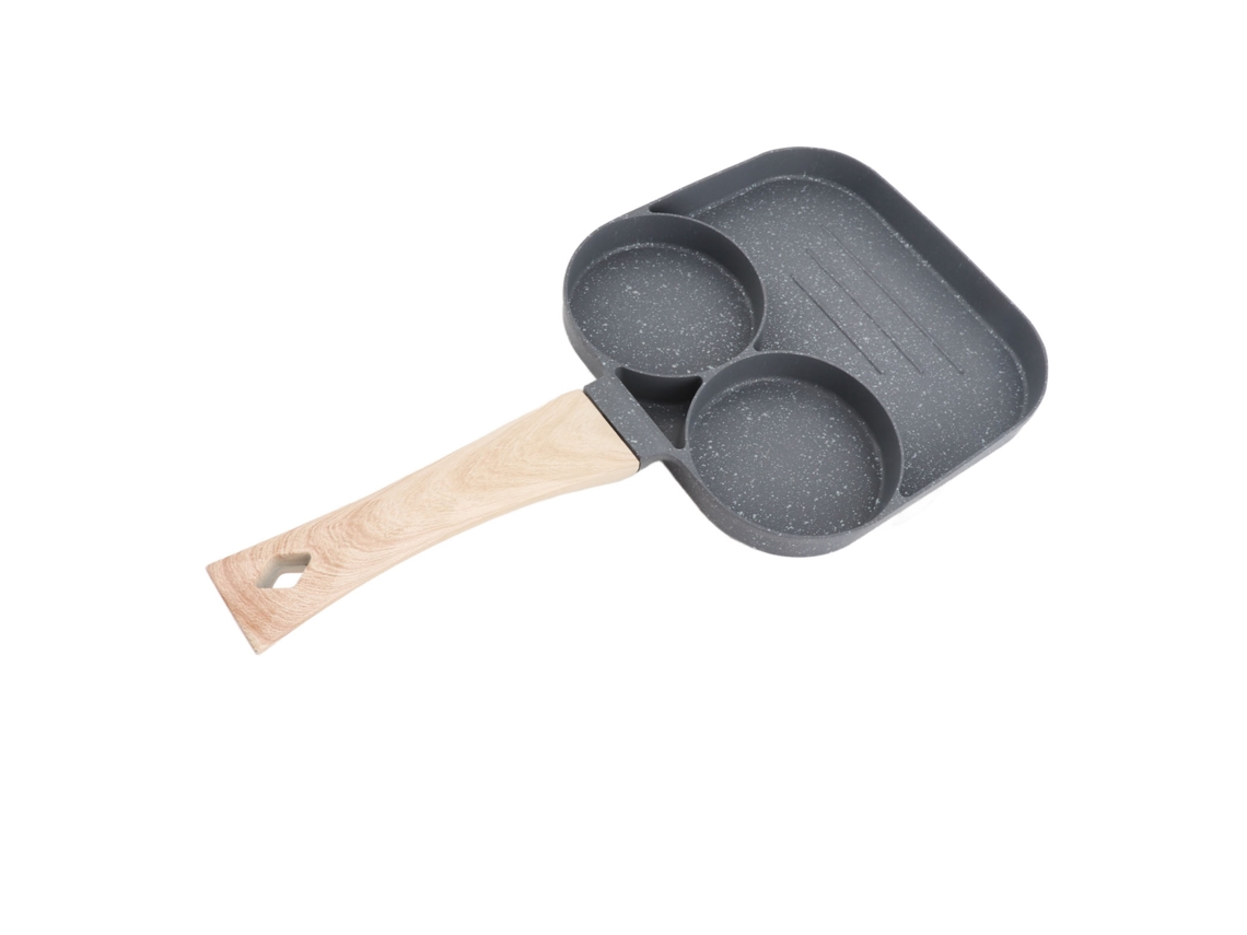 Sartén Antiadherente De 3 Secciones Con Mango De Madera, Ideal Para Huevos Y Desayunos.