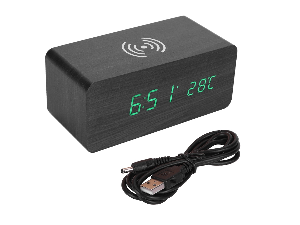 Reloj de mesa con carga inalámbrica Qi y control de sonido