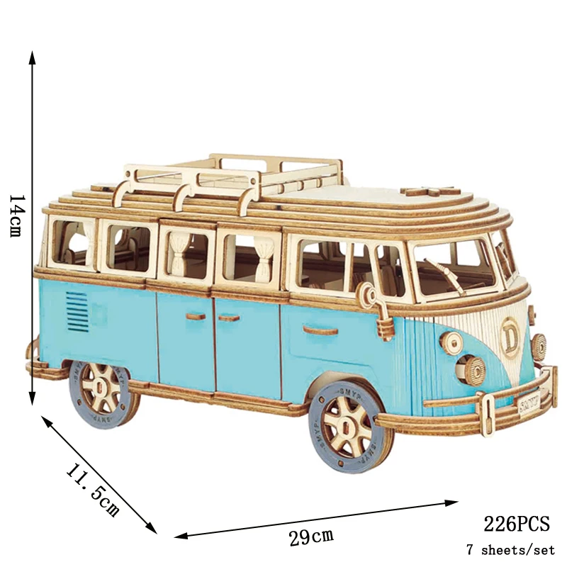 (autocaravana Azul) Rompecabezas 3d De Madera Estilo Retro. Juguete Para Armar.