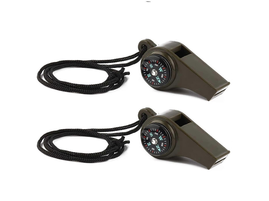 Paquete de 2 silbatos de supervivencia de emergencia, 3 en 1 con brújula y termómetro, alta seguridad con cordón ajustable.