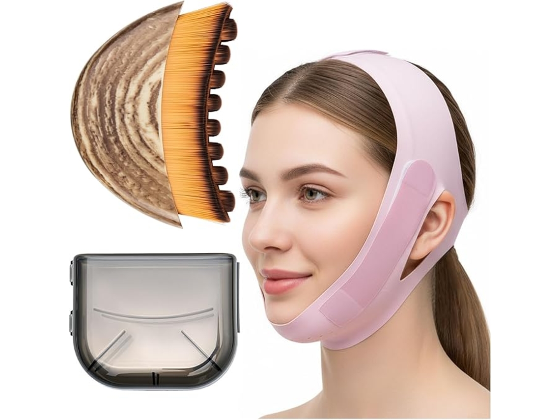 Cepillo Facial Para El Contorno Linfático Y Mascarilla Reafirmante En Forma De V, Set De 2 Piezas Rosa Siurn