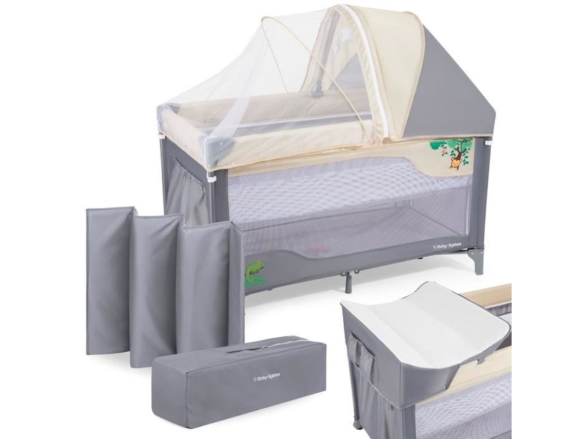 Cama con sombrilla de viaje para bebés de 0 a 36 meses, Parque infantil con cambiador, Mosquitera, Techo, Ruedas MOBY SYSTEM