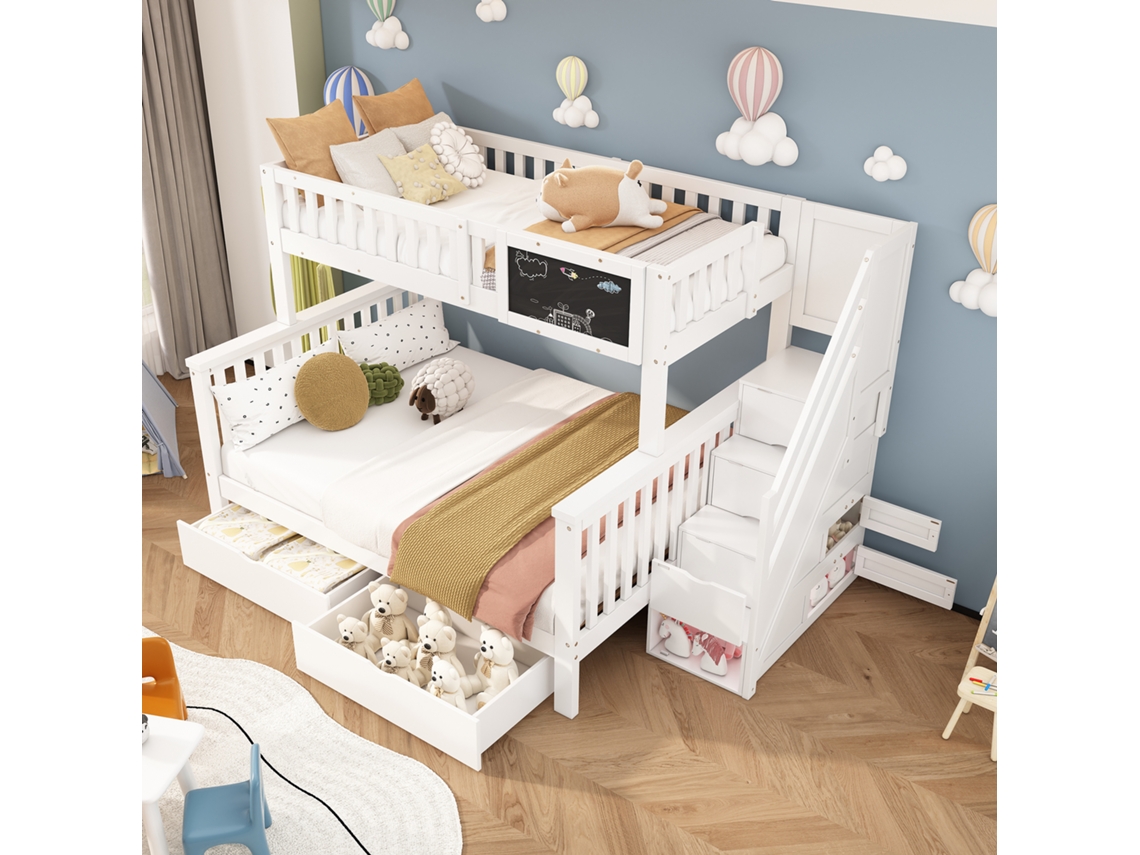 Litera Infantil 90x200 / 140x200 Multifuncional con Mesa y Cajones Blanco Mobrio