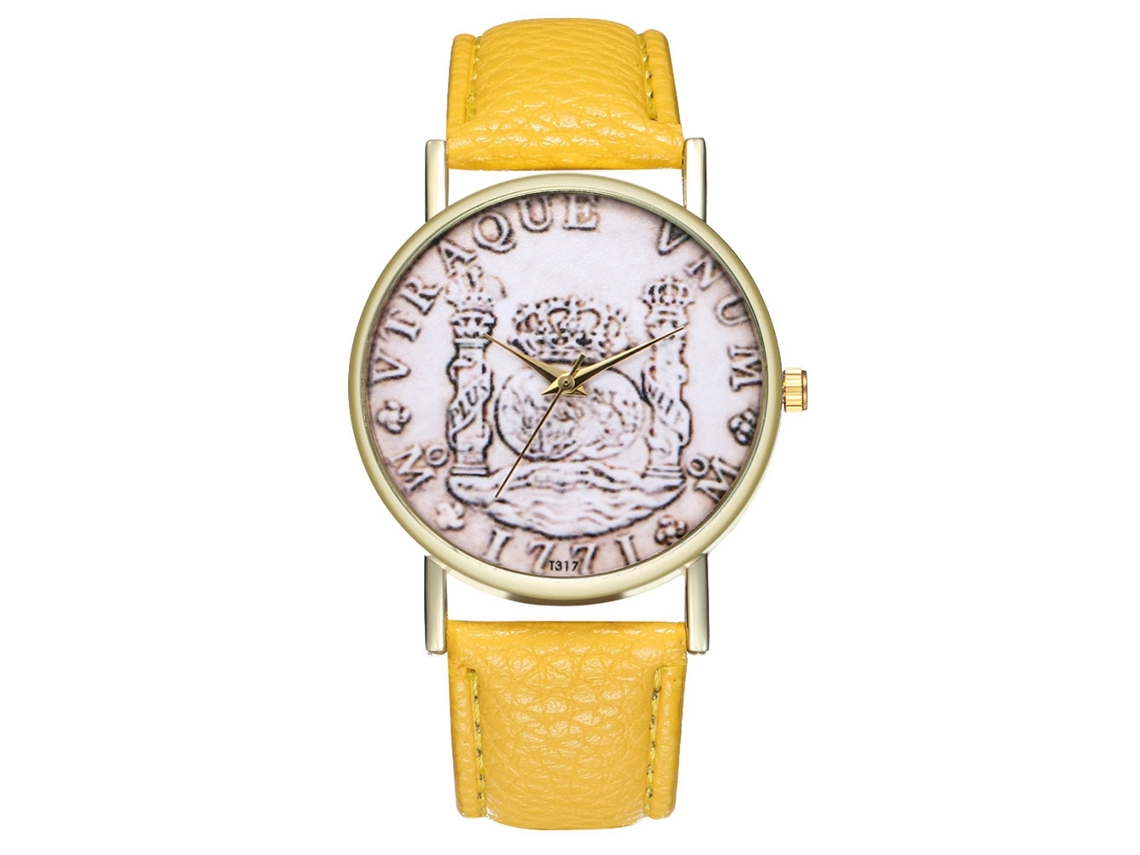 Reloj De Pareja De Cuero Con Patrón De Moneda Dollar Moda Unisex Amarillo