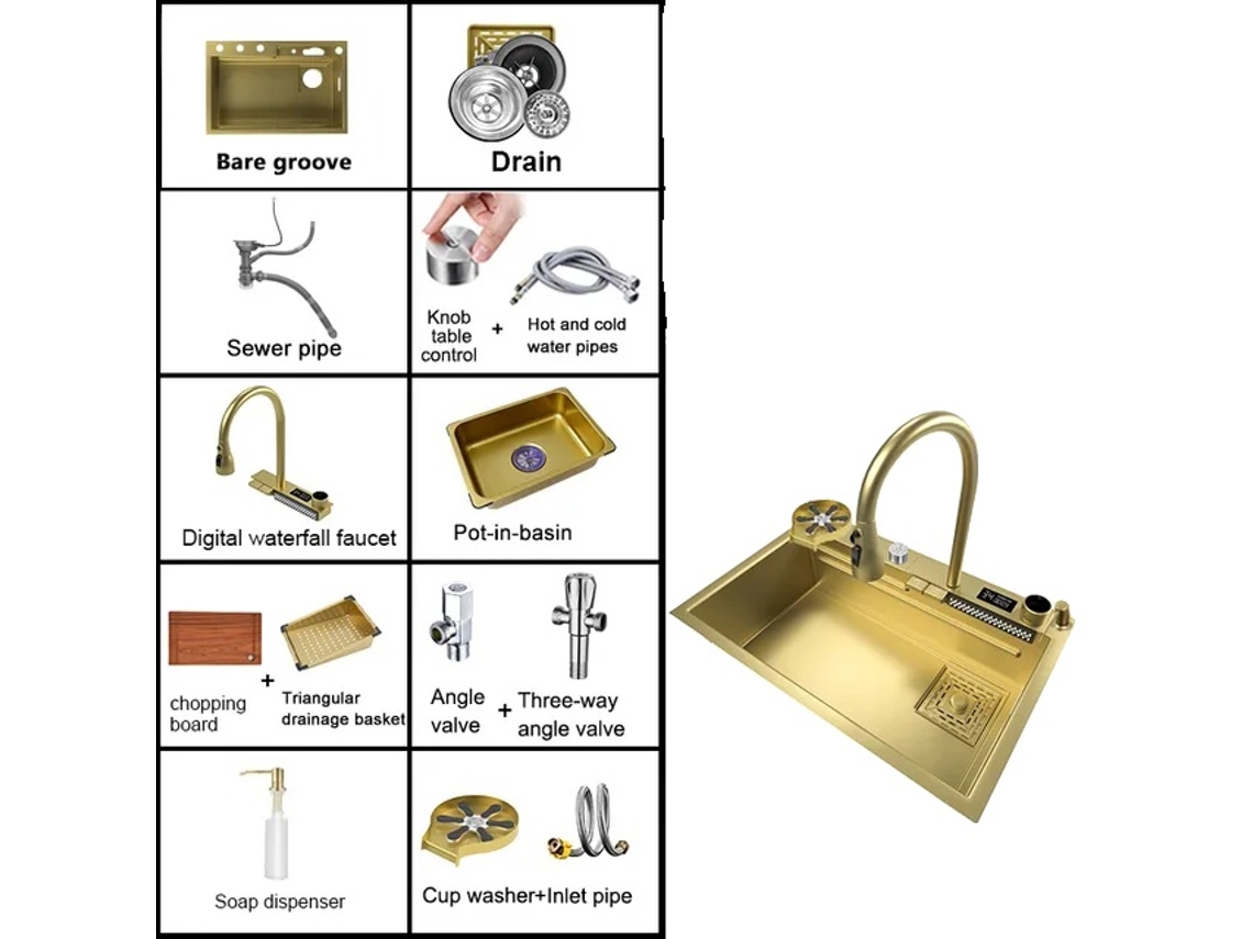 Fregadero de cocina de acero inoxidable, diseño de cascada, ranura única grande, 75 x 46 cm, T3 Wv Gold OEM