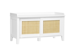 Zapatero con puerta corredera y frontal de ratán tejido, 80 x 35 x 45 cm, blanco.