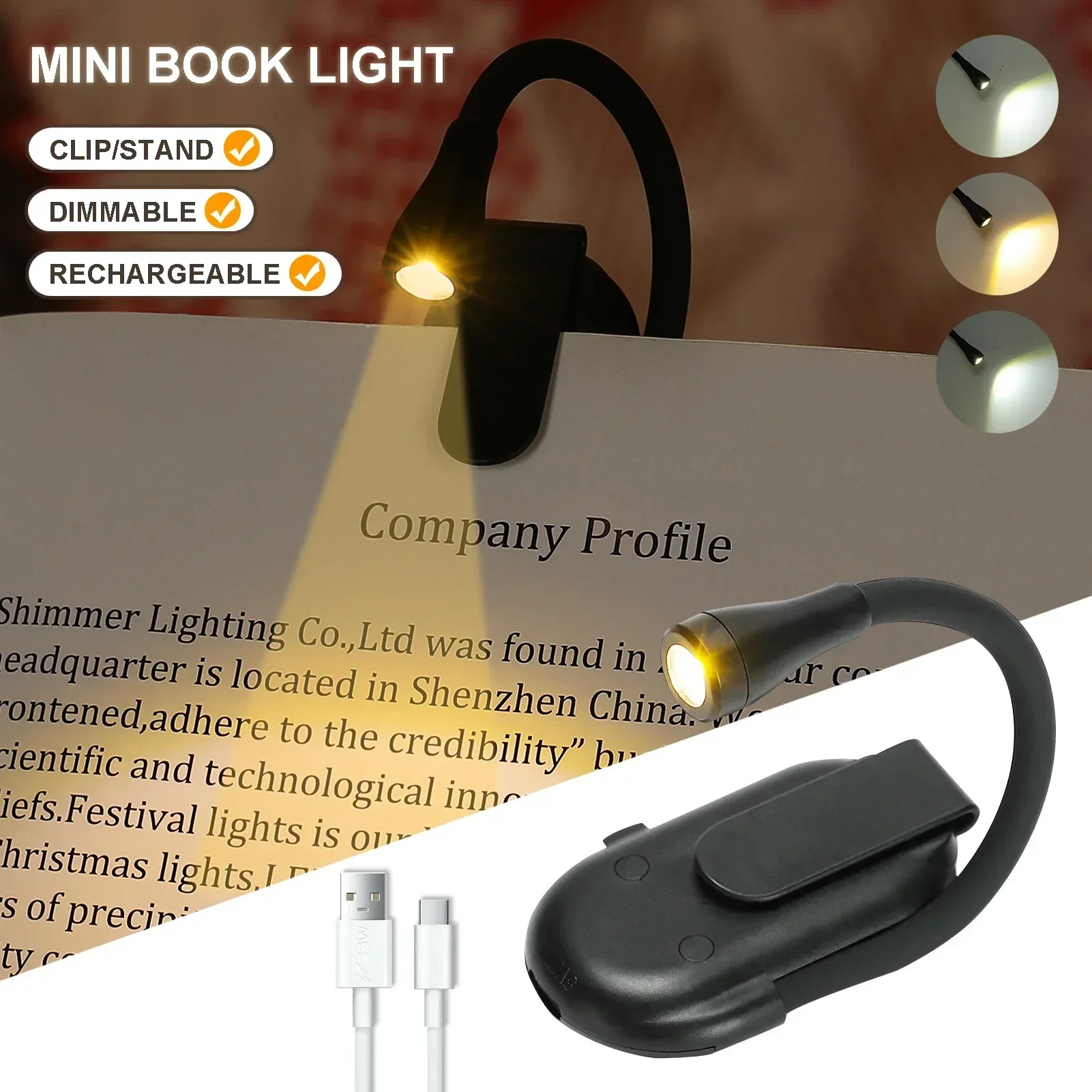 Lámpara de lectura recargable mini con 7 LED, 3 niveles de luz cálida y fría, clip flexible para leer de noche en la cama. Aeuzwr