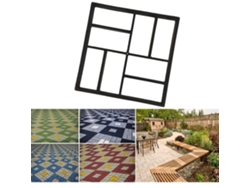 Herramientas, moldes, bloques de cemento, piedra, decoración de jardín