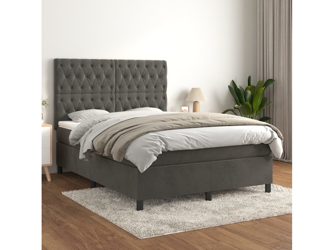 Cama Box Spring Con Colchón Terciopelo Gris Oscuro 140x190 Cm