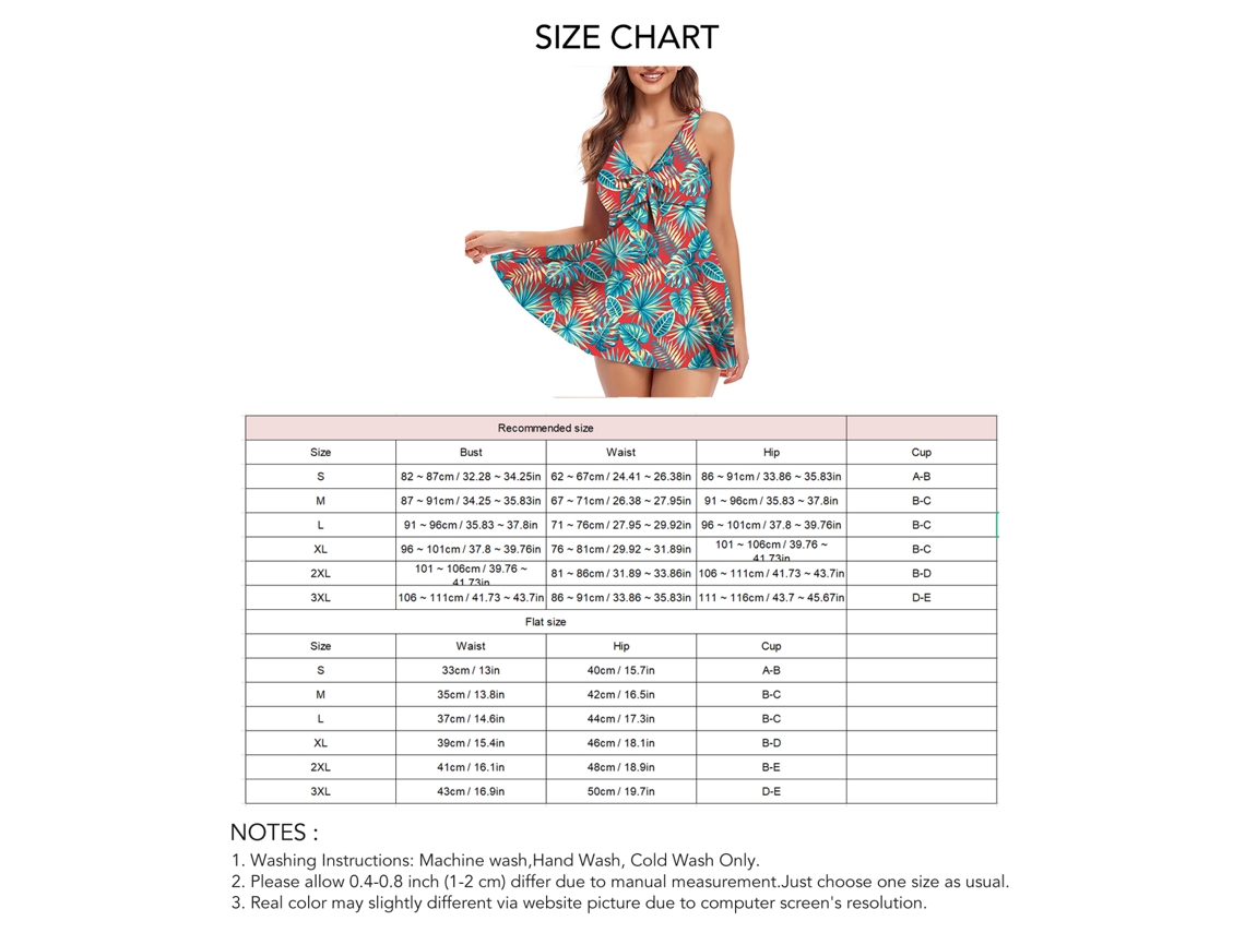 Traje de baño de dos piezas con control abdominal, estampado rojo y verde, talla S