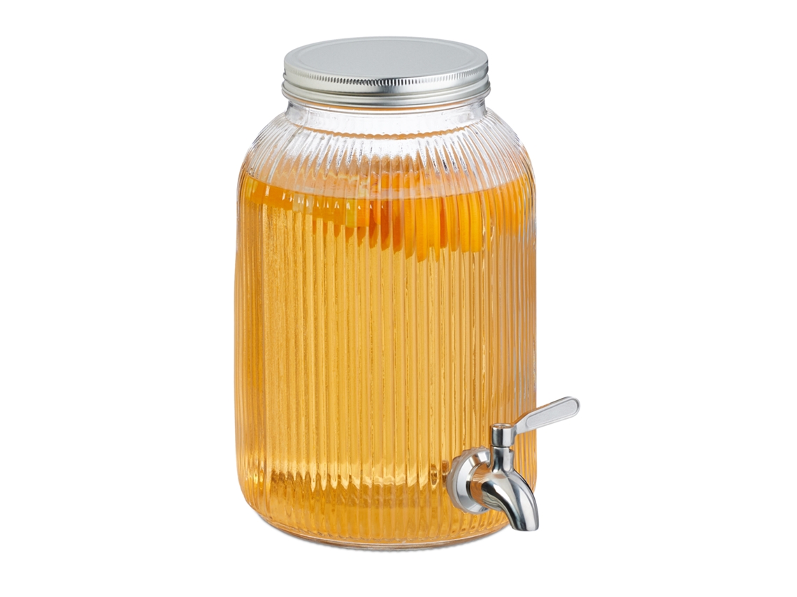 Relaxdays Dispensador De Bebidas, Recipiente Para Limonada 4 L, Grifo Y Tapa, Cristal Y Acero Inoxidable, Transparente